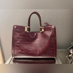Ivanka Trump Burgundy Faux Crocodile Tote with Gold Hardware